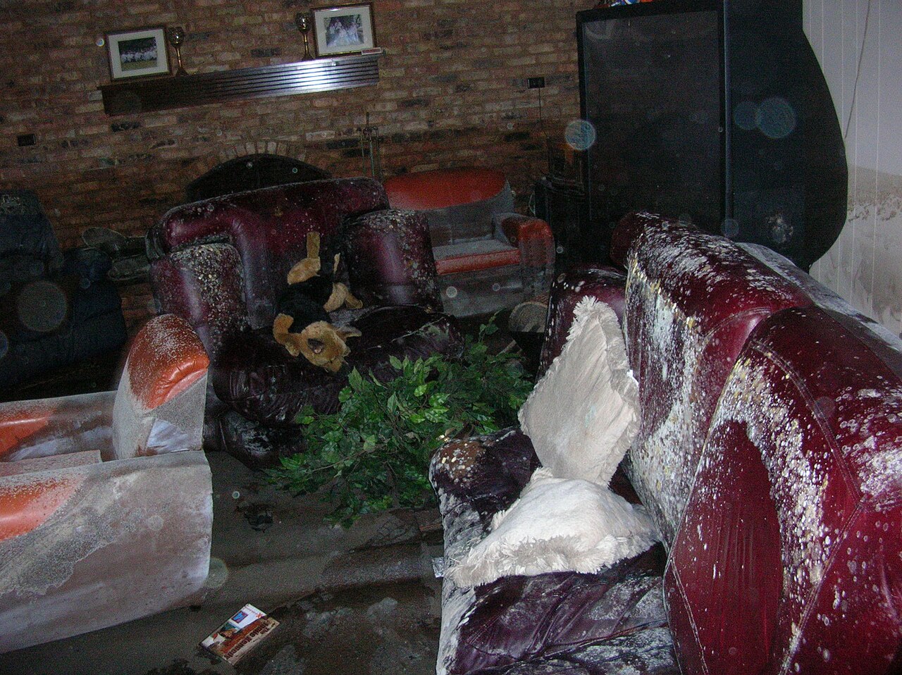 Un salón dañado por una inundación